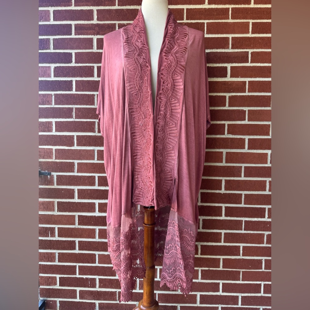 POL Embroidered Lace Duster Cardigan Medium Mauve Pink Short Sleeve VGUC Boho - Picture 3 of 15